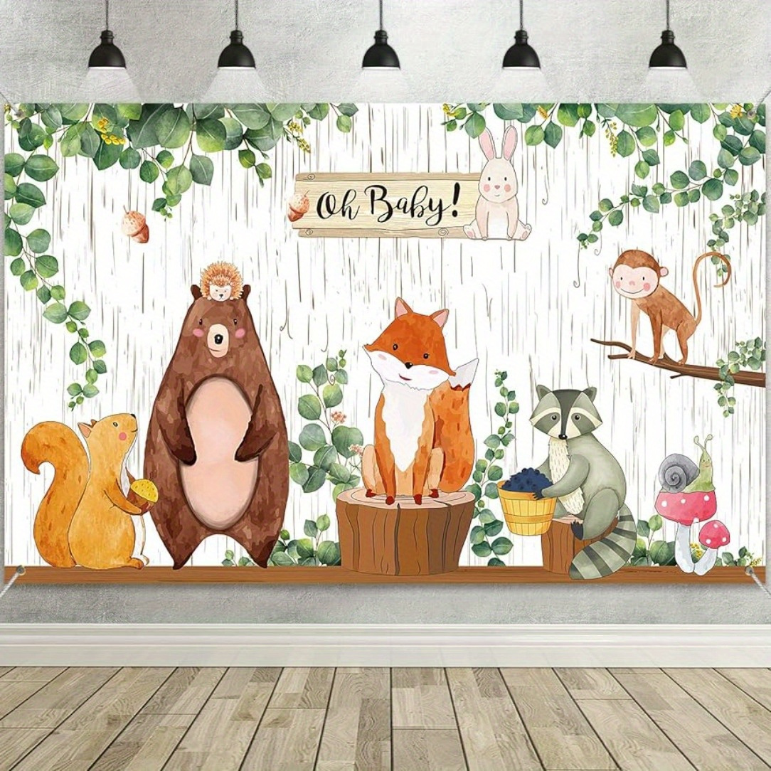 

1pc 5.9 X 3.6 Fts Woodland Shower Backdrop Banner, Large Fabric Jungle Animal Birthday Party Decorations Background For Welcome Party