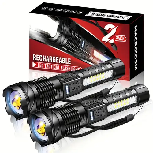 buy 1 get 1 free flashlight high rechargeable led flashlight battery powered with 7 light cob side light usb c powerful handheld flash lights emergency hiking camping and