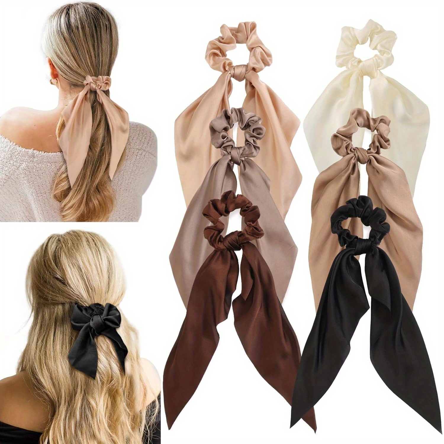 

6pcs Bow Scrunchies, Hair Ties With Bows, Hair Scrunchies For Women, Knotted Bow Hair Ties, Ribbon Hair Ties, Ponytail Holder Hair Accessories, Gradient Color Ribbon Hair Bands On Big Ponytails