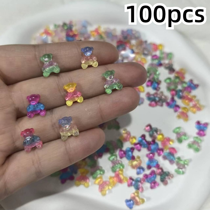 TEMU 30/ 50/ 100 Pieces Of Gradient Mini Teddy Bear Nail Art Accessories - Colorful Gradient Teddy Bear Animal Themed Acrylic Charm With Rhinestones, Suitable For Diy Nail Decoration