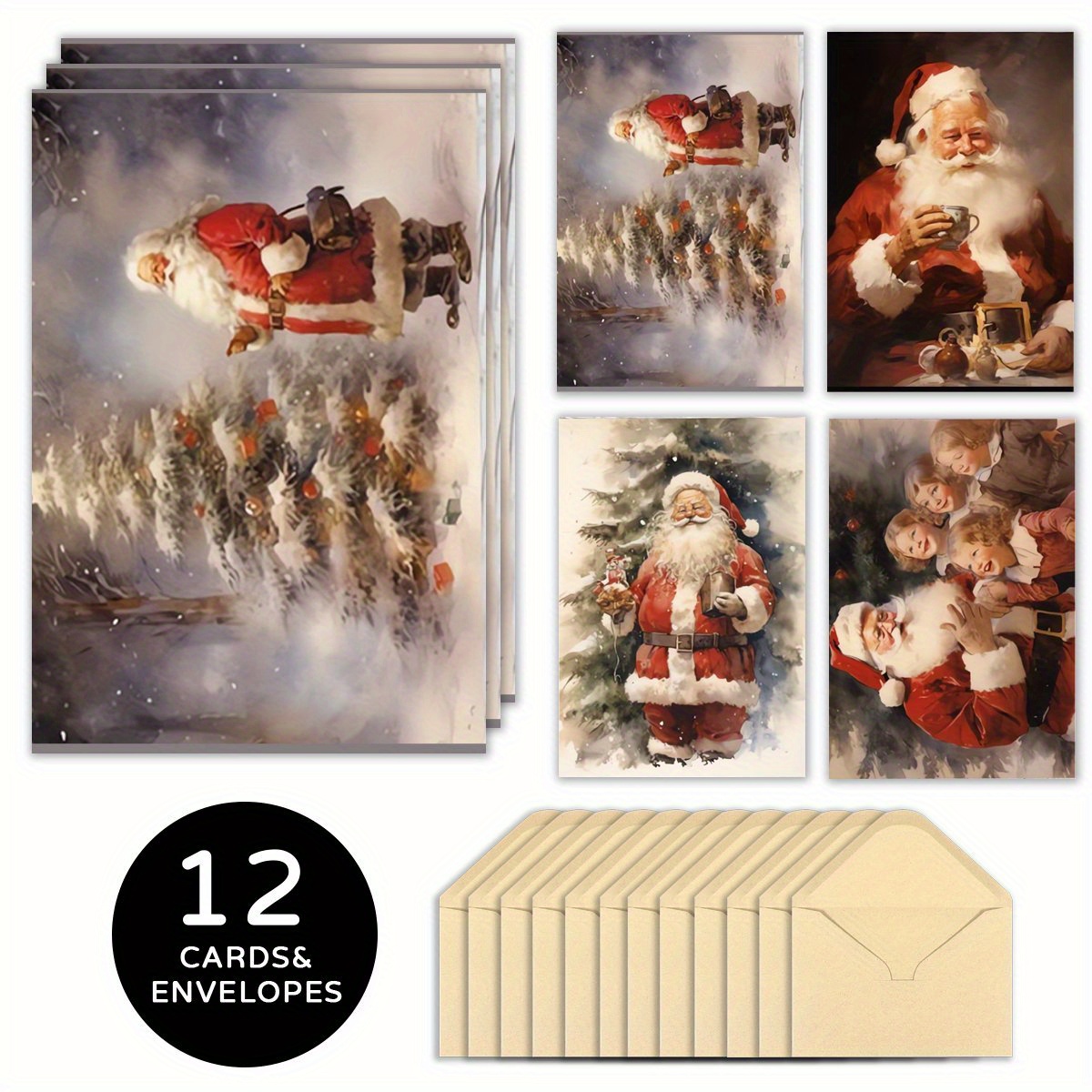 

12- Santa Christmas Cards Envelopes - Assorted Greetings Cards For , , , , Thanksgiving