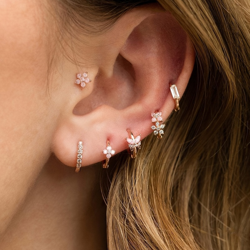 TEMU Golden Plated Hoop Earrings Set For Women - 6pcs Fashion Copper Cartilage Piercing Jewelry With Pink Zirconia , Flower & Classic Designs For Everyone