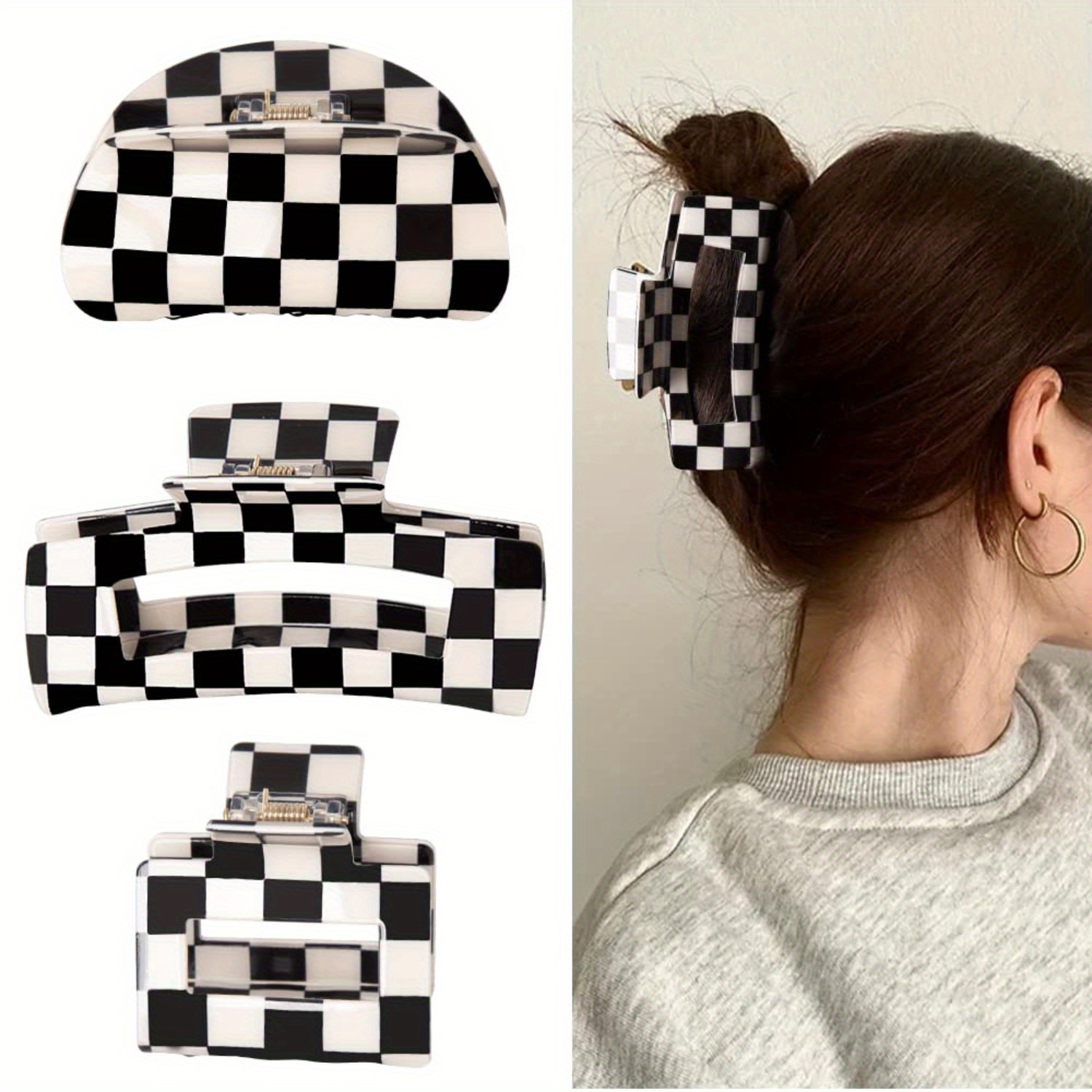 

3 Pieces Vintage Checkered Hair Clips, Fashion Simple, Checkered Clips, Clips For Women, Hair Accessories