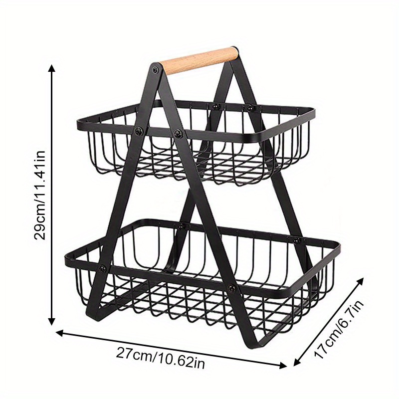 TEMU 2- Tier Metal Fruit Basket With Wooden Handle - Triangle- Shaped Iron Fruit Bowl For Kitchen Counter, Multi- Layer Snack Organizer For Living
