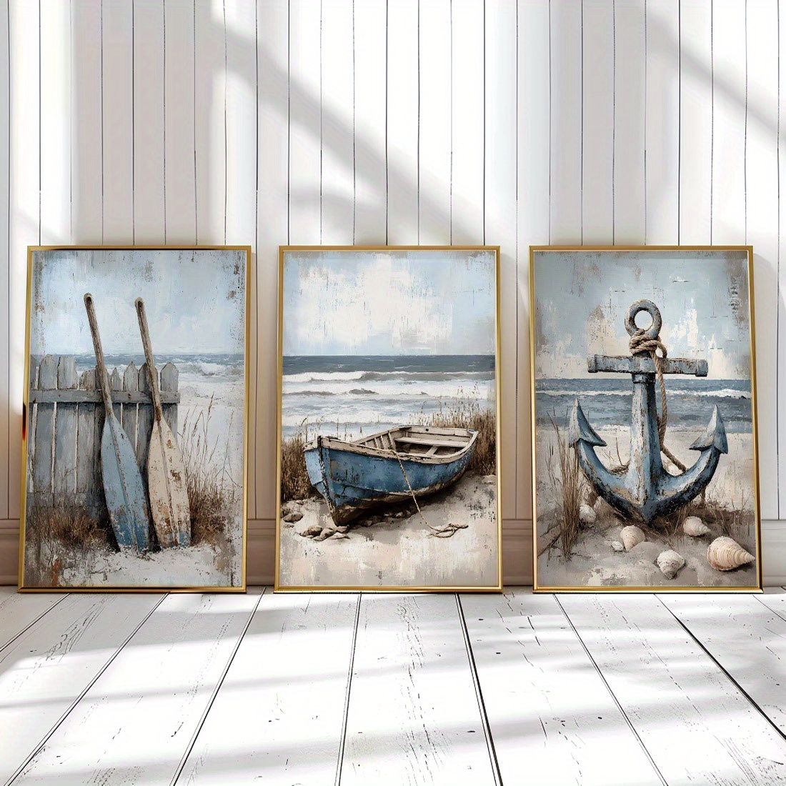 E-shop 2D Flach, 2D Flach, 3-teiliges rahmenloses Easy, modisches, frisches Ozean-Stil Illustration Wandkunst Leinwanddruck, künstlerische moderne