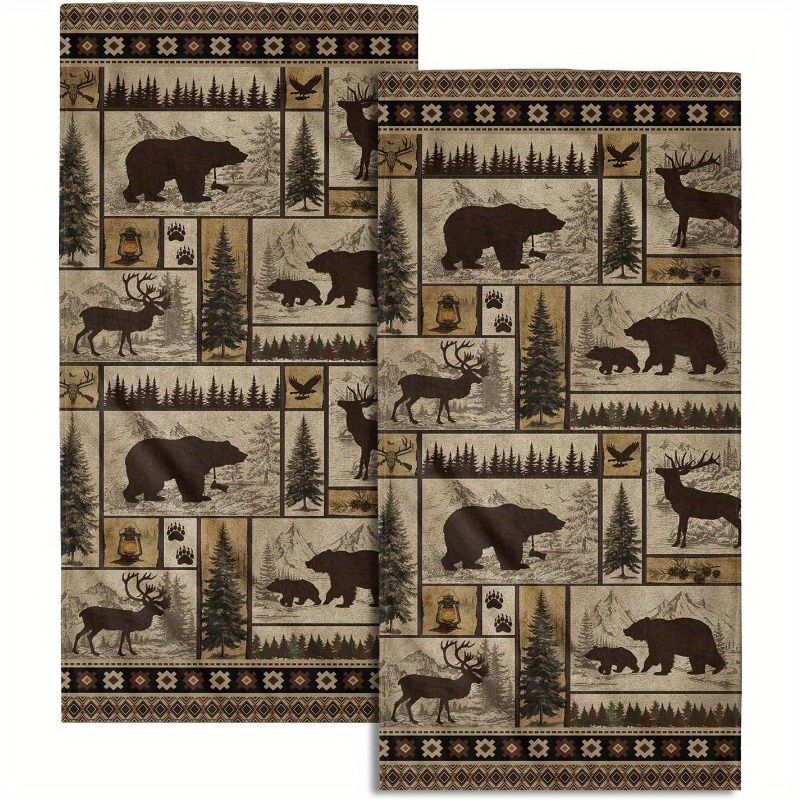 

2pcs Soft & Absorbent Hand Towels - 18x26" Bear & Deer Design, Kitchen & Bathroom Decor, Polyester, Machine Washable, Hand Towels For Bathroom