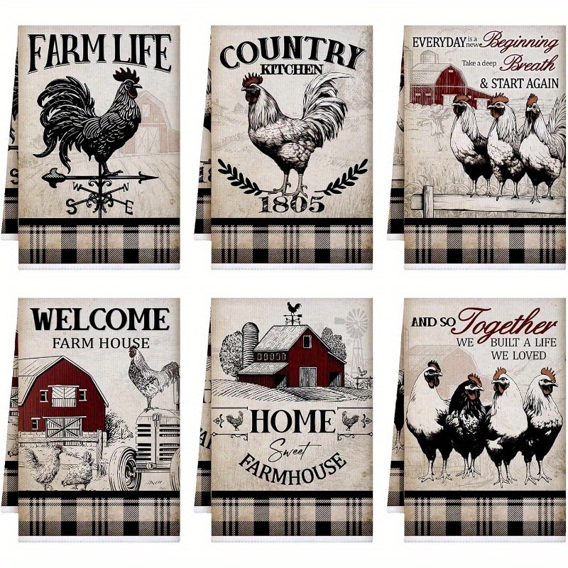 

6-pack Rustic Farmhouse Kitchen Towels, 18x26 Inches, Soft Polyester Dish Towels With Rooster & Farmhouse Decor, Machine Washable, , For Fall, Thanksgiving, Halloween, Christmas