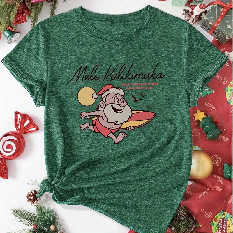 

1pc Women's Christmas Santa Vacation Graphic Tee, Casual Sports Round Neck Short Sleeve Top, Polyester Knit Fabric, Holiday T-shirt