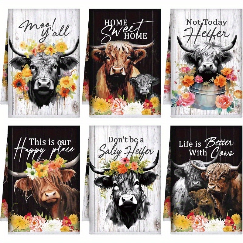 

6pcs Rustic Farmhouse Kitchen Towels - 18x26" Soft Polyester Hand Towels With Cow & Floral Designs, Absorbent & Machine Washable - Ideal For Cooking, Baking, Housewarming Gifts, Dish Towels