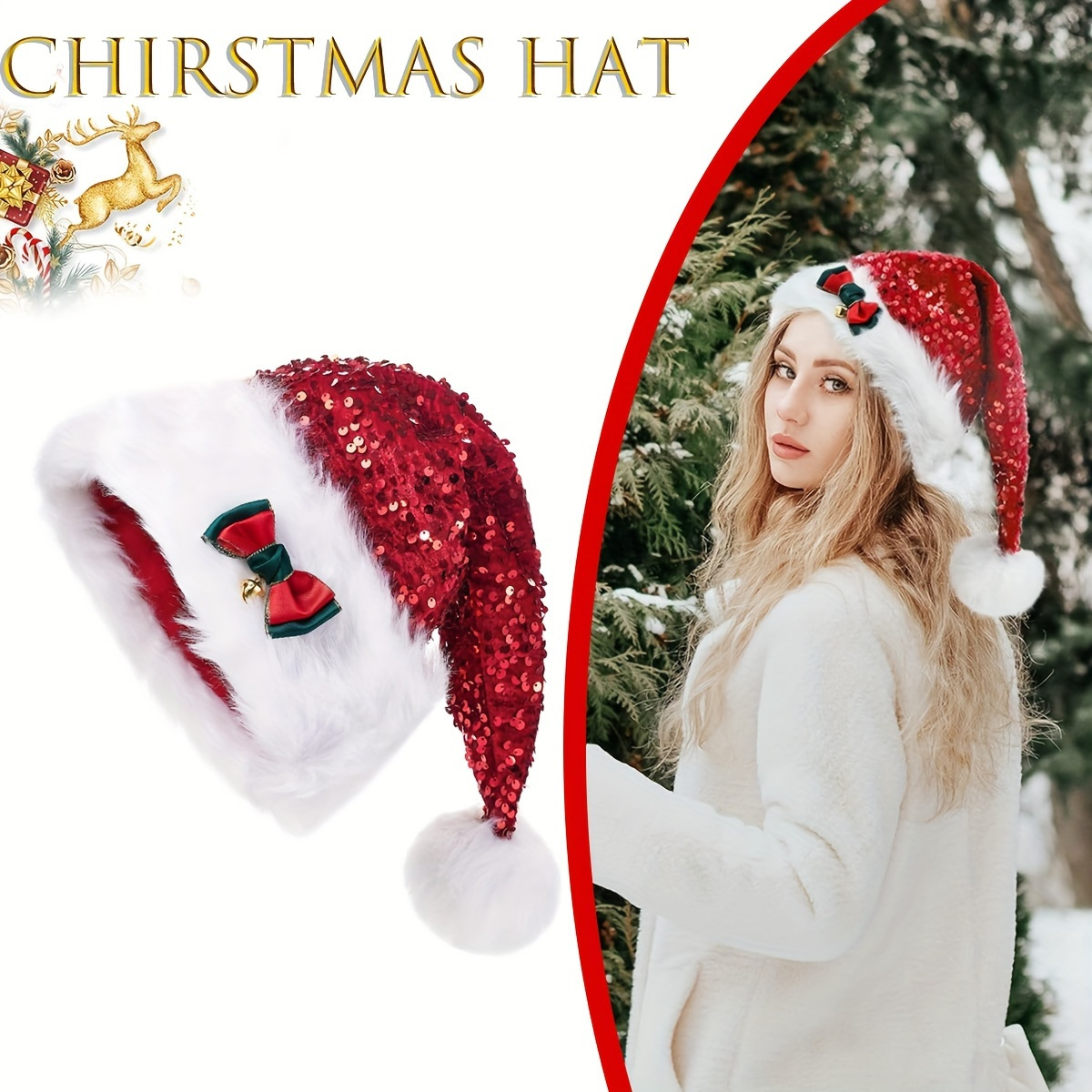 

Sparkling Sequin Santa Hat With Bow - Hand-washable, Non-stretch Holiday Beanie For Christmas Parties & Cosplay