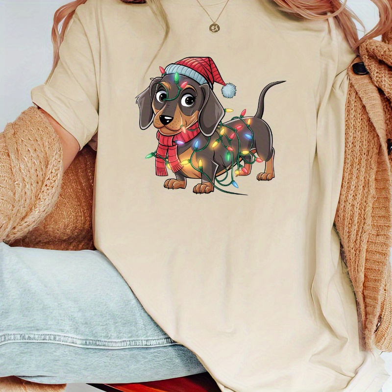 

Women's Christmas Dachshund & Lights Tee - Oversized Short Sleeve, Stretchy Polyester , Machine Washable