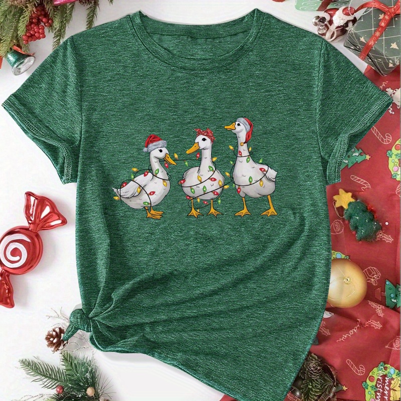 

[1pc Christmas Duck Print T-shirt] Christmas Duck Print Women's Casual Sports T-shirt, Crew Neck, Polyester Knit Fabric With Medium Stretch, Festive Pattern, For All Season Tee