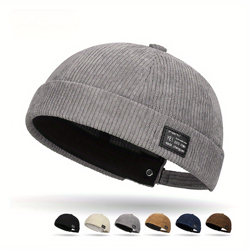 

Corduroy Brimless Hat With Leather Patch - Soft, Warm Textured Fabric Cap For Fall & Winter, In Black, Dark Gray, , And Navy Blue