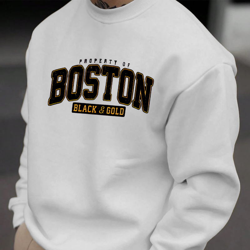 

Boston Print Men's Casual Neck Sweatshirt, Regular Fit, Trendy And Comfortable Outfit For Fall