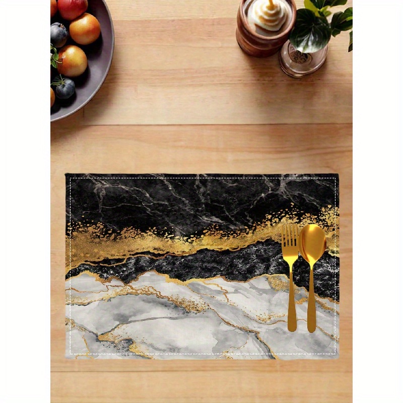 

4/6pcs Geometric Placemats, Marble Style Black & Golden Decor Washable Dining Table Mats Indoor/outdoor, Round Table