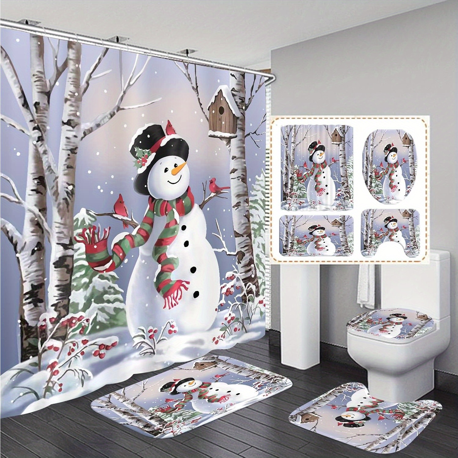 

1/4pcs Christmas Decoration Snowman Curtain Set, Curtain 12 , Bathroom Rug, U-shaped Mat, Lid Mat, Bathroom Decoration, Bathroom Curtain Set, Bathroom Accessories ( Jit)