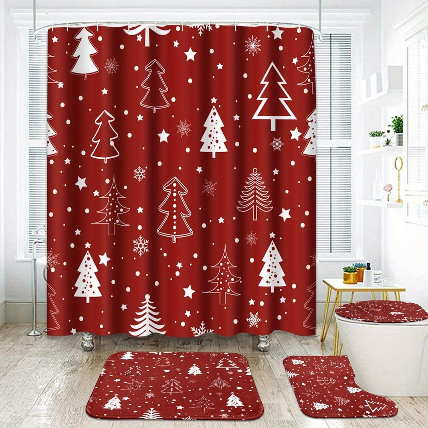 

1/4 Set Christmas Decoration Christmas Red Curtain Set, Curtain 12 , Bathroom Rug, U-shaped Mat, Mat, Bathroom Decoration, Bathroom Curtain Set, Bathroom Accessories ( Jit)