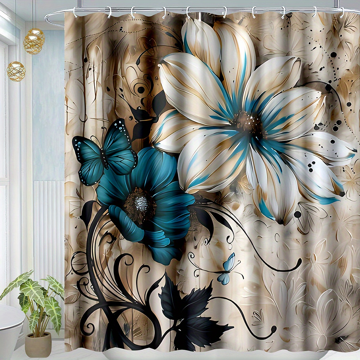 

1pc Elegant Vintage Watercolor Floral & Shower Curtain - Waterproof Polyester, , 70.86x70.86 Inch With Hooks Included For Stylish Bathroom Decor, Shower Curtain Sets For Bathrooms