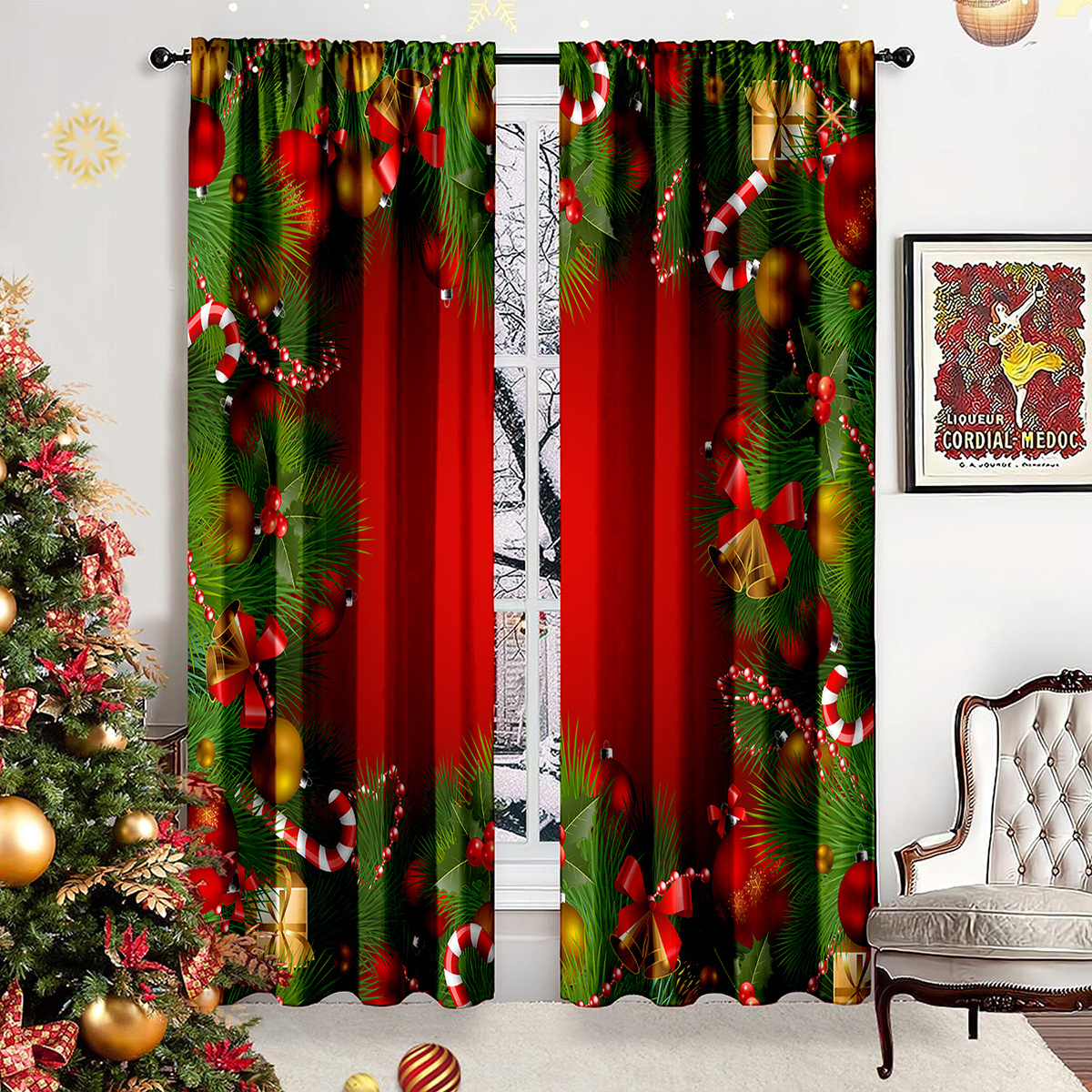 

2pcs Set Christmas Decorative Curtains - Window Drapes, Lightweight & Breathable Polyester, Bedroom, Living Room, And Study