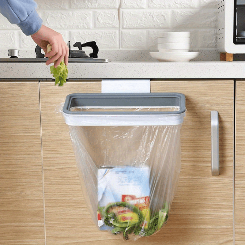 TEMU 1pc Kitchen Garbage Bag Holder, Portable Plastic Trash Can With Lid, Cabinet Door Hanging Garbage Bag Rack, Wall Mounted Rubbish Bin, Kitchen Bathroom Bedroom Living Room Office Dorm Accessories