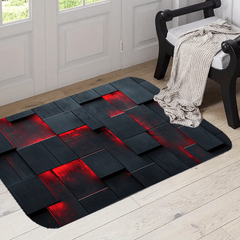 

Geometric Grid Area Rug With Red Accents - Design, Machine Washable Polyester, Living Room, Bedroom, And Home Decor - Ideal Christmas Gift, Christmas Decor