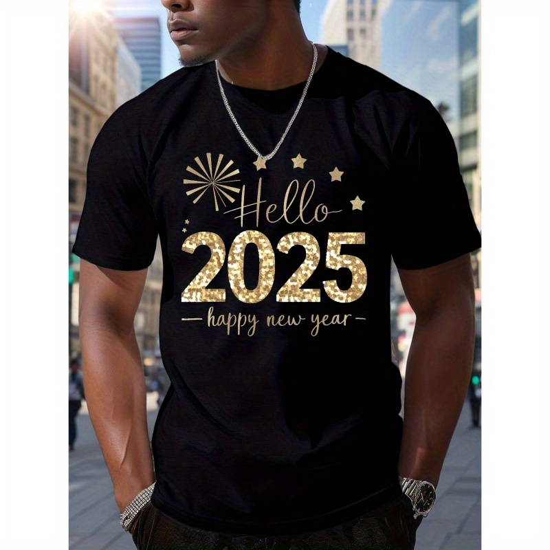 

Hello 2025 Starburst Sequin Tee - Men's Casual Short Sleeve T-shirt, Breathable Polyester, Summer Fashion