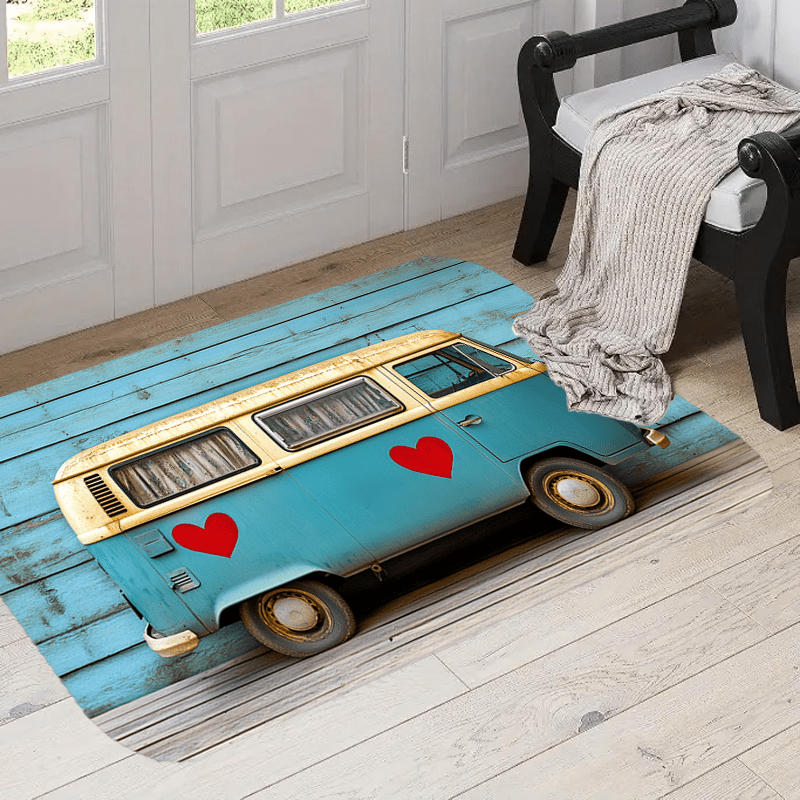 

Van Design Doormat - Polyester, Non-slip, Machine Washable Floor Mat With Red Heart Accents For Home Decor - Indoor Rug - Ideal Christmas Gift (1pc)