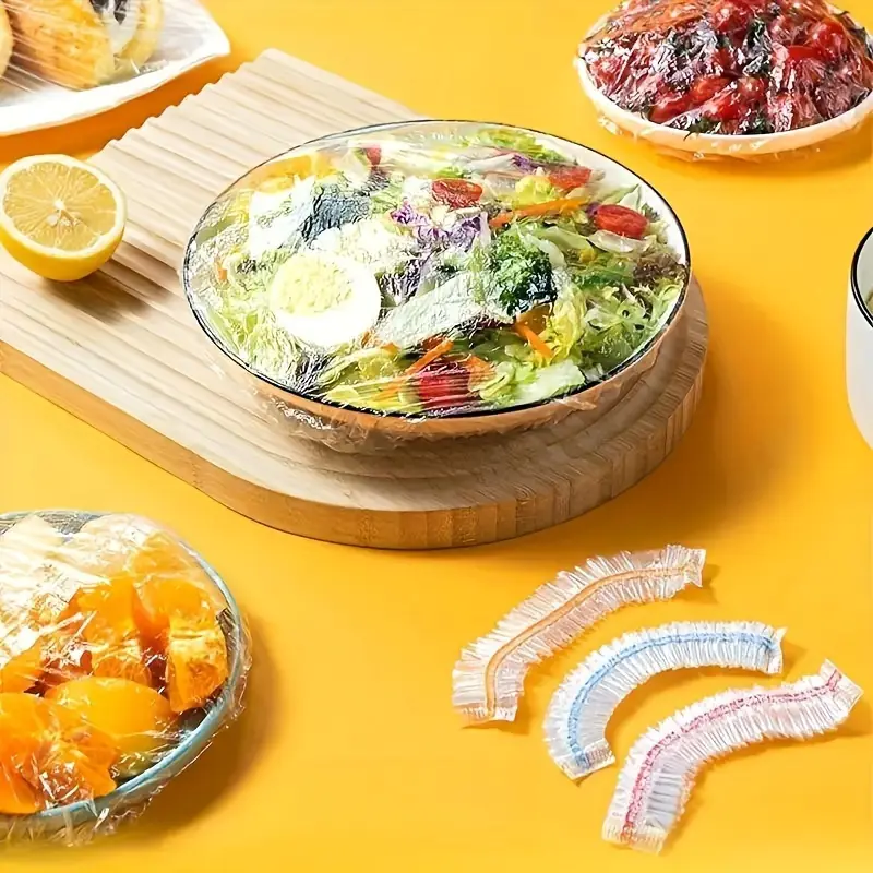 100 шт. цветная пластиковая пленка для обертывания продуктов питания, пищевая ПЭ пленка, пластиковый мешок, крышка для миски, эластичная одноразовая крышка для миски, чтобы сохранить ваши продукты свежими и обеспечить безопасность для ресторанов, детали 5