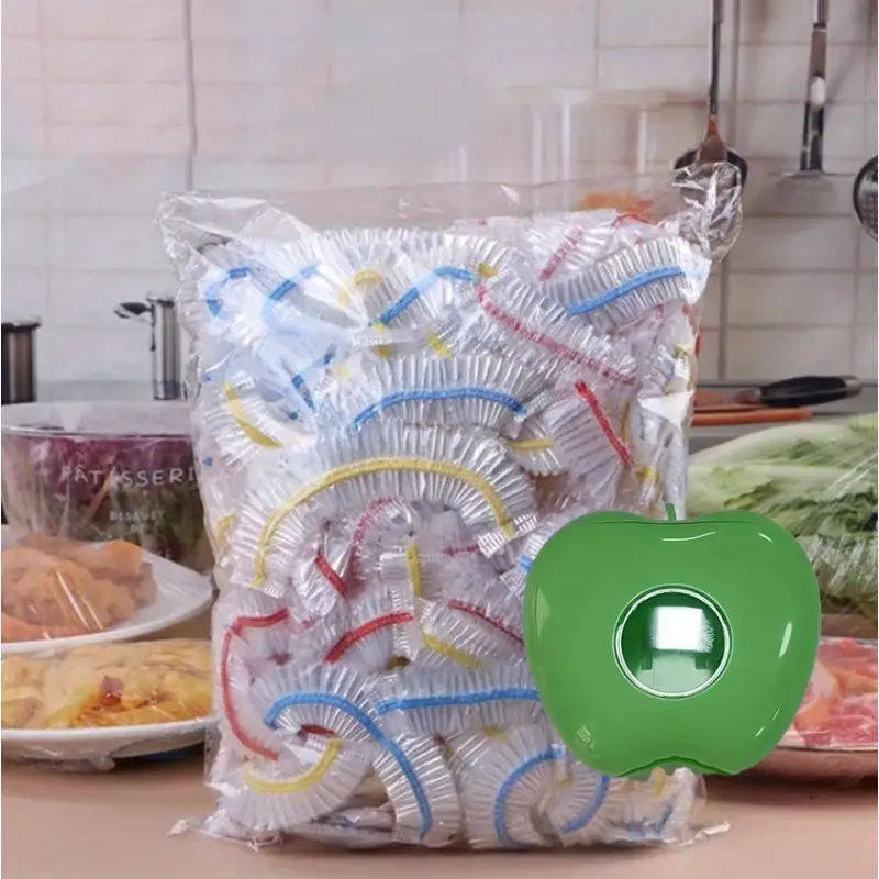 100 шт. цветная пластиковая пленка для обертывания продуктов питания, пищевая пленка PE, пластиковый мешок, крышка для миски, эластичная одноразовая крышка для миски, сохраняет ваши продукты свежими и безопасными для ресторанов, детали 7