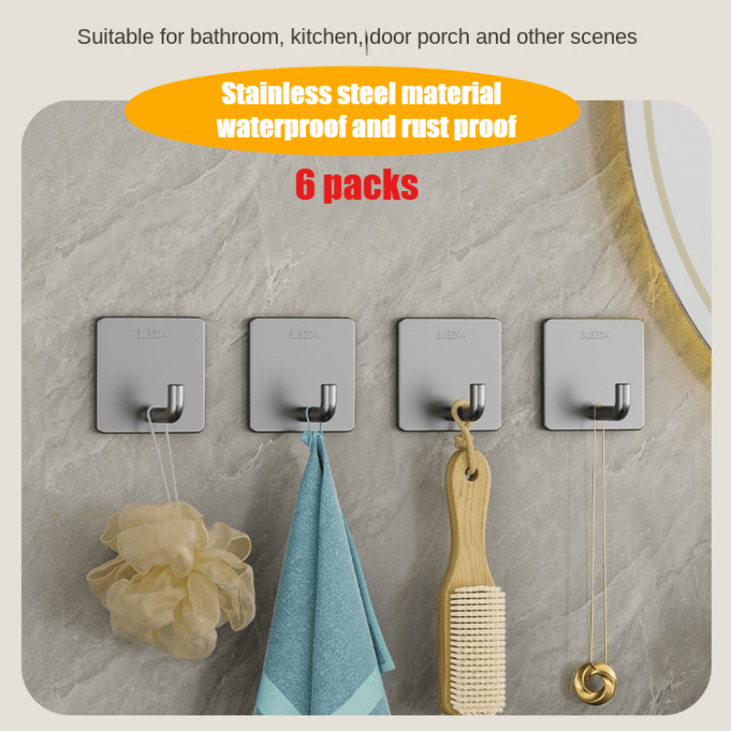 

4/6pcs Stainless Steel Adhesive Hooks - Rust-proof, Multi-functional Wall Mount For Kitchen & Bathroom Storage
