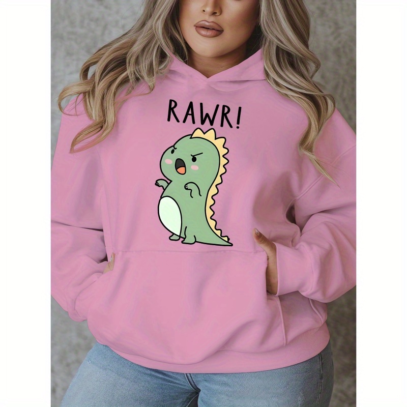 

Women's Plus Size Casual Hoodie With Cartoon Dinosaur Print, Oversized Pullover Sweatshirt, Knit Polyester 100%, Stretch, Fall/winter Long-sleeved Top With Pockets