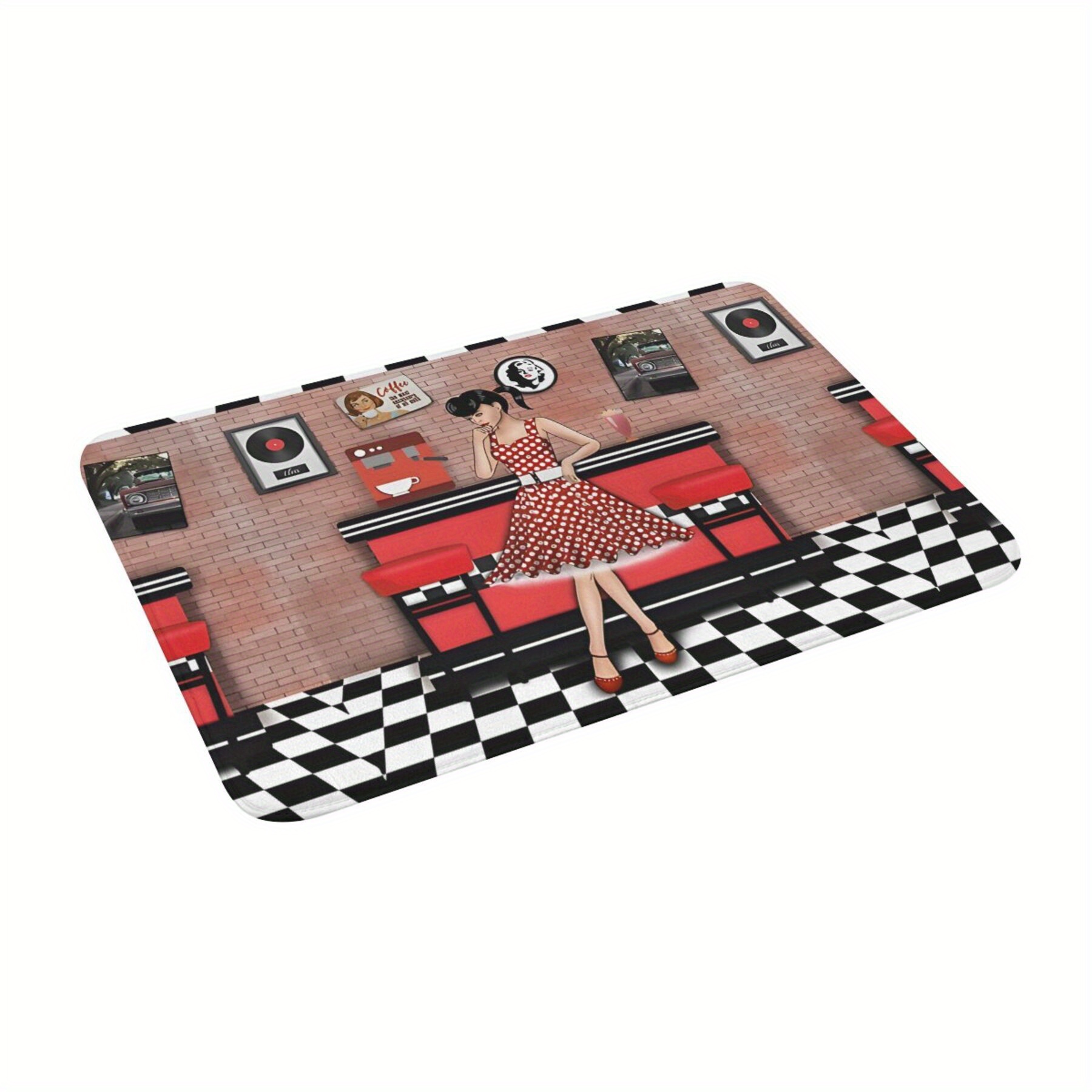 

Rockabilly Girl Diner-inspired Non-slip Doormat - Machine Washable, Lightweight Polyester Rug For Home Decor, Entrance, Bathroom, And Balcony, Christmas Decor