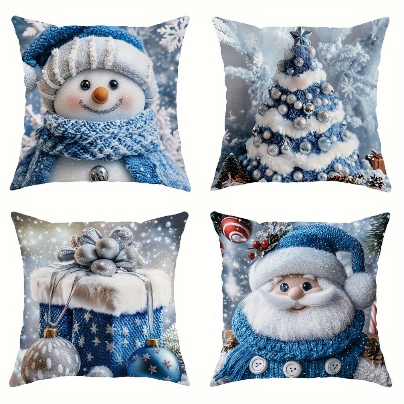 

Christmas Pillowcase 4pcs Set - Modern Decorative Pillowcase, Snowman Santa Claus , Machine Washable, With Zipper, Suitable For Sofa, Living Room, Bedroom Decoration - Without Pillow 18x18 Inches