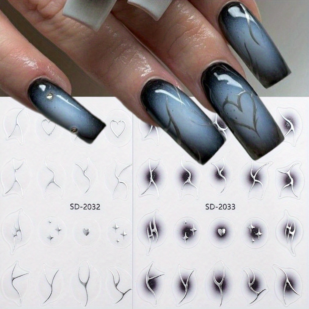 2pcs Black White Gradient Blush Silvery Line 3d Nail Art Stickers Self-adhesive Nail Stickers Nail Art Decoration Supplies For Women And S