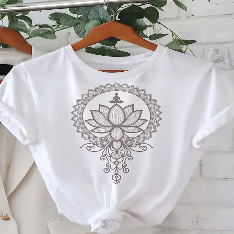 

T-Shirt Femme 'Mandala pour Lotus & 'Fleurissement ' - Polyester et Respirant, Manches Courtes, Col Rond, Haut Décontracté pour l'Été et