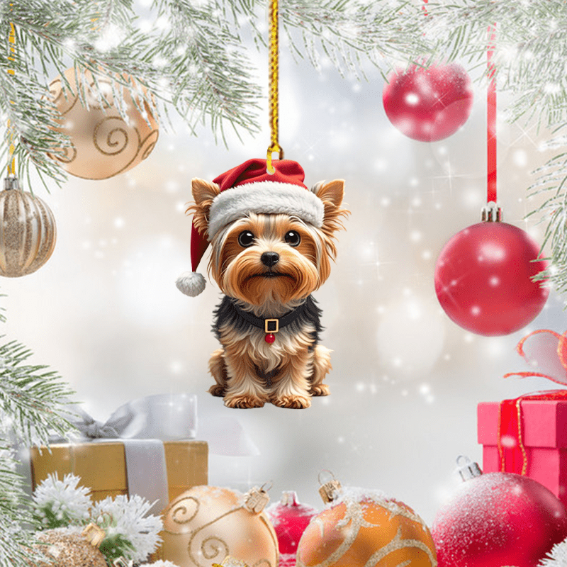 

Yorkie Dog Christmas Ornament - Acrylic 2d Fashion Hanging Decor With Santa Hat, Car Mirror & Holiday , Ideal Gift For