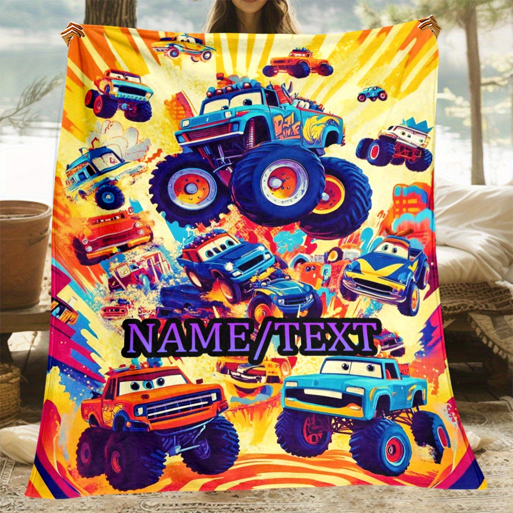 

Personalized Cartoon Truck Flannel Throw Blanket - Custom Name, Soft & Lightweight For Couch, Bed, Travel - Fleece, Perfect Gift For Family & Friends