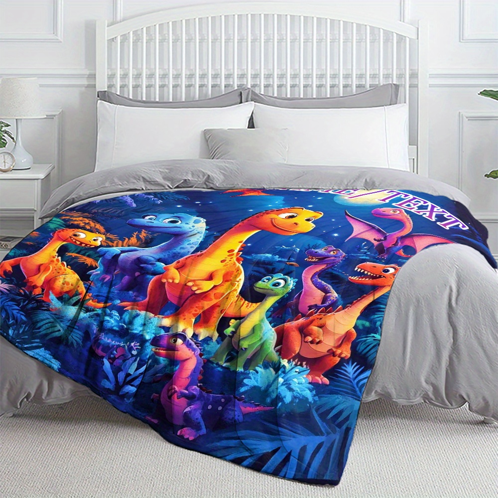 TEMU Customized 1pc Of A Personalized Cartoon Dinosaur Design Hd Printed Blanket - A Lightweight Flannel Throw Suitable For Sofa, Bed, Travel, Living