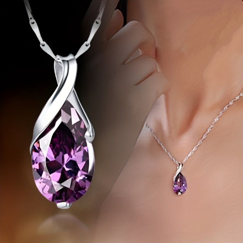 TEMU Romantic Amethyst Teardrop Pendant Necklace Sparkling Bridal, Synthetic Gemstone, And Wedding Jewelry Anniversary Gift For Her, Best Gift For Valentine's Day,, And Christmas