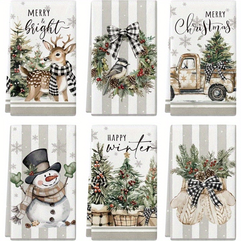 Image of 6pcs Set 23.62 X 15.75 Inches Christmas Kitchen Towels Farmhouse Christmas Tea Towels Hand Towels Snowman Reindeer Mittens Wreath Absorbent Kitchen Dish Towels Quick Dry Kitchen Decor Cooking