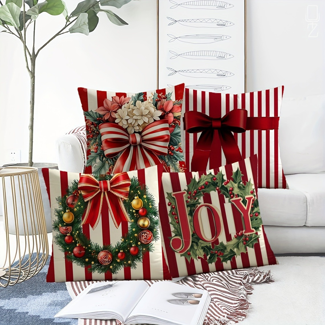 

4pcs Set Christmas Red Striped Bow Throw Pillow Covers, Soft Short Plush, 17.7"x17.7", Zip Closure - Home, Office & Car Decor Decorative Pillows