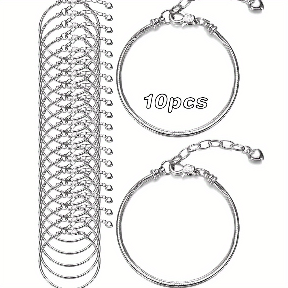 TEMU 10pcs 19cm Stainless Steel Bracelets With Extension Chain Alloy Large Hole Bead Bracelet Making Materials Jewelry Making Supplies