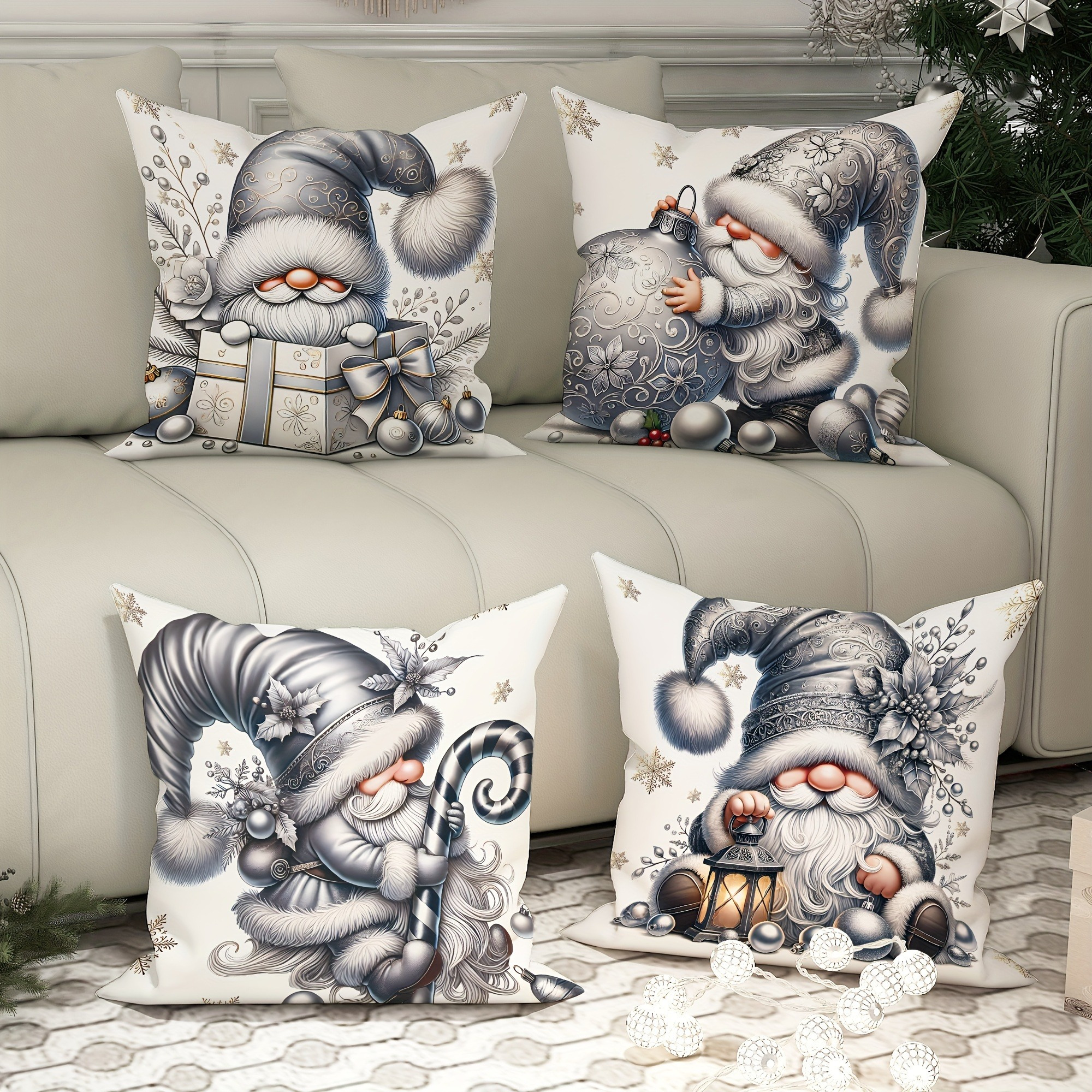 

4pcs Set Silvery Santa Claus Soft Plush Throw Pillow Covers, 17.7"x17.7", Zip Closure - Home, Office & Car Decor