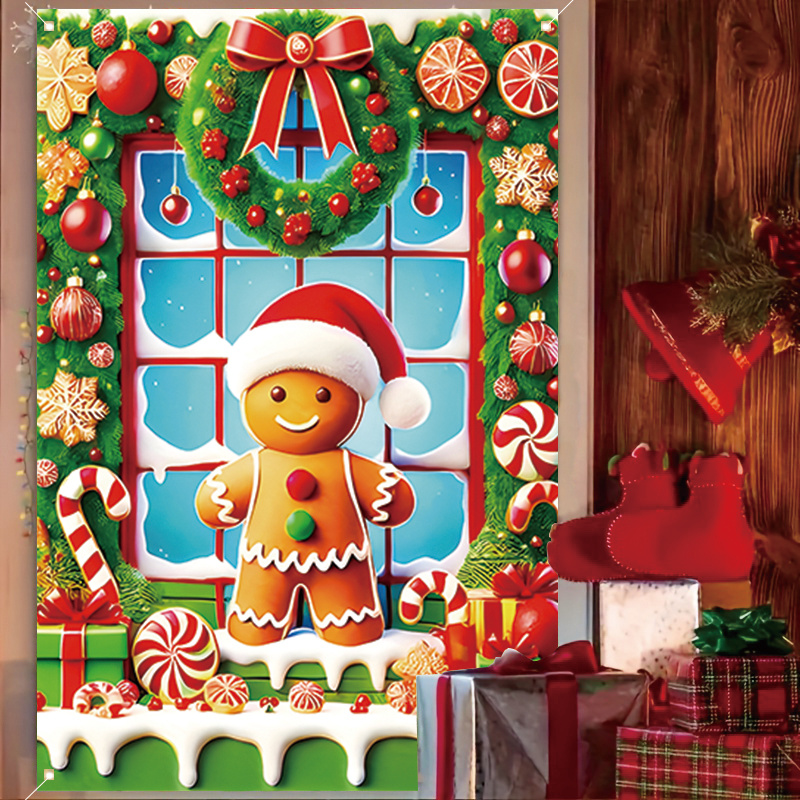 

1pc Polyester Art Deco Gingerbread Man Christmas Decoration Banner - 31x47 Inch Window Cover With Candy Cane Design For Indoor/outdoor Holiday Decor, No Electricity Needed