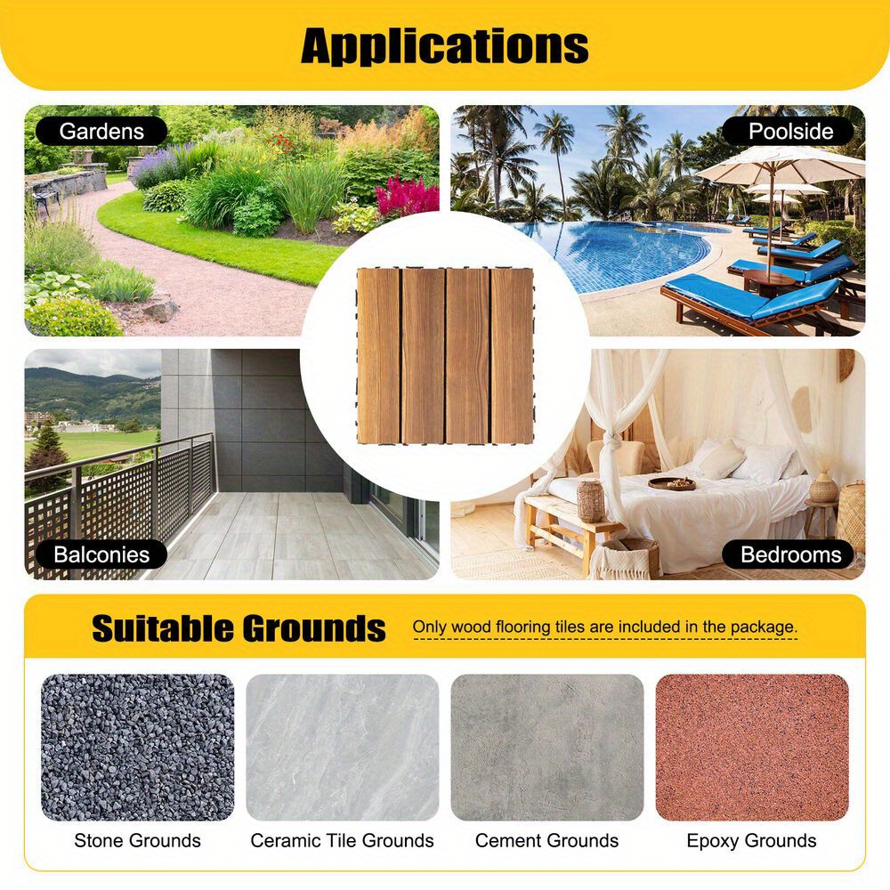 36pcs 12''x12'' Hardwood Interlocking Patio Deck Tiles Wood Flooring For Outdoor