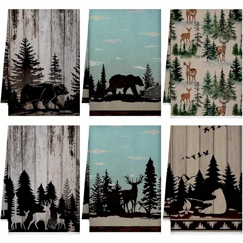 

6-pack Super Soft Polyester Dish Towels, Contemporary Woven Oblong Kitchen Towels, 18x26" Christmas Farmhouse Theme With Bear, Deer, Elk & Design, Machine Washable For Home, Bathroom & Cottage Decor