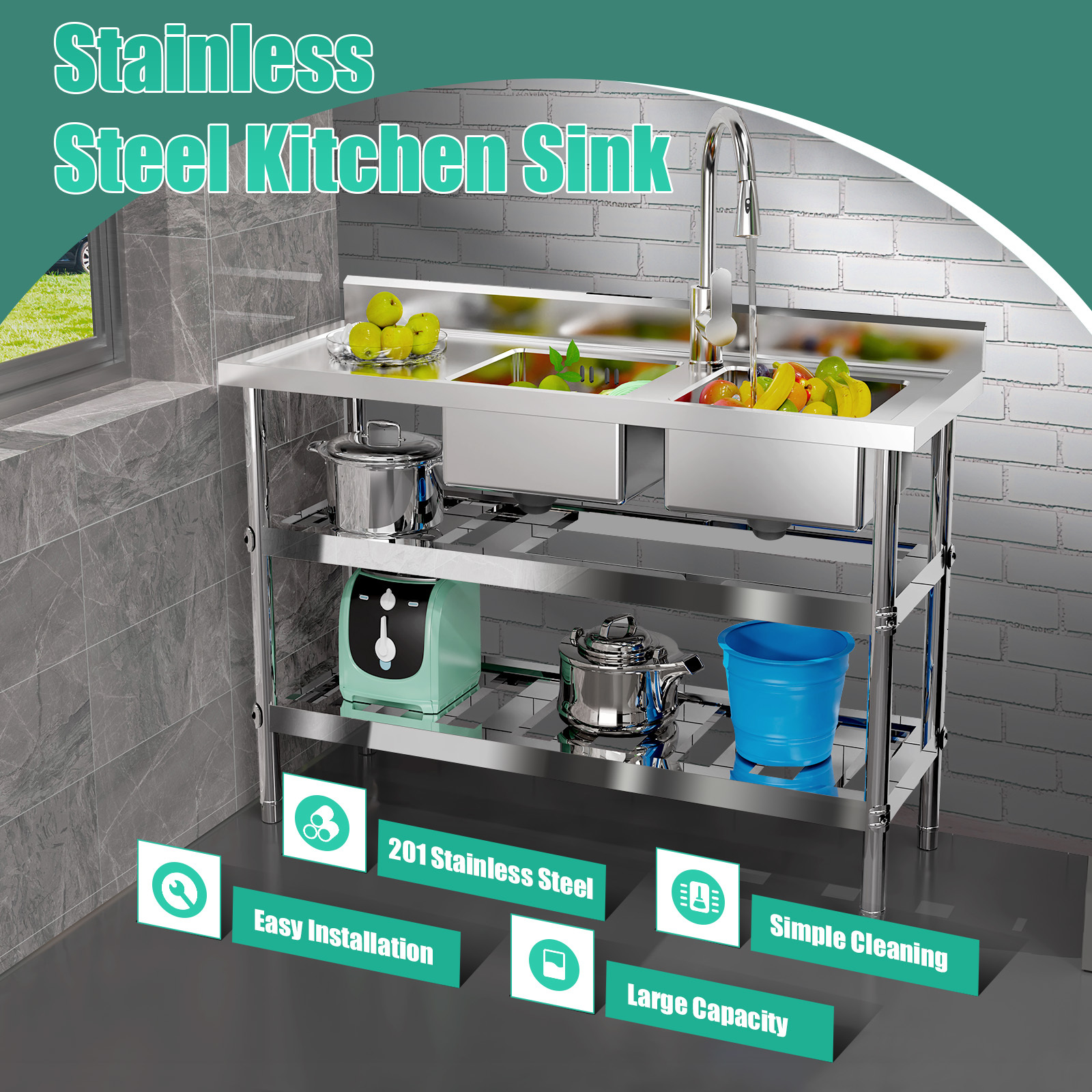 

Commercial Restaurant -standing Kitchen Sink Large Double Bowl Sink Outdoor Sink Stainless Steel Double Bowl Sinks W/ Workbench For Restaurant, Kitchen, Garage