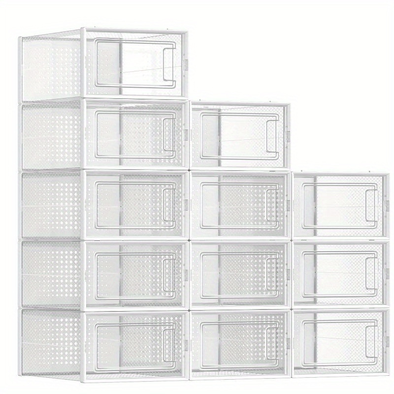 shoe boxes   in packs of 2 3 4 5 6 10 are transparent plastic storage containers that   stacked   clear plastic shoe boxes are suitable for closets and athletic shoes featuring a white frame details 0