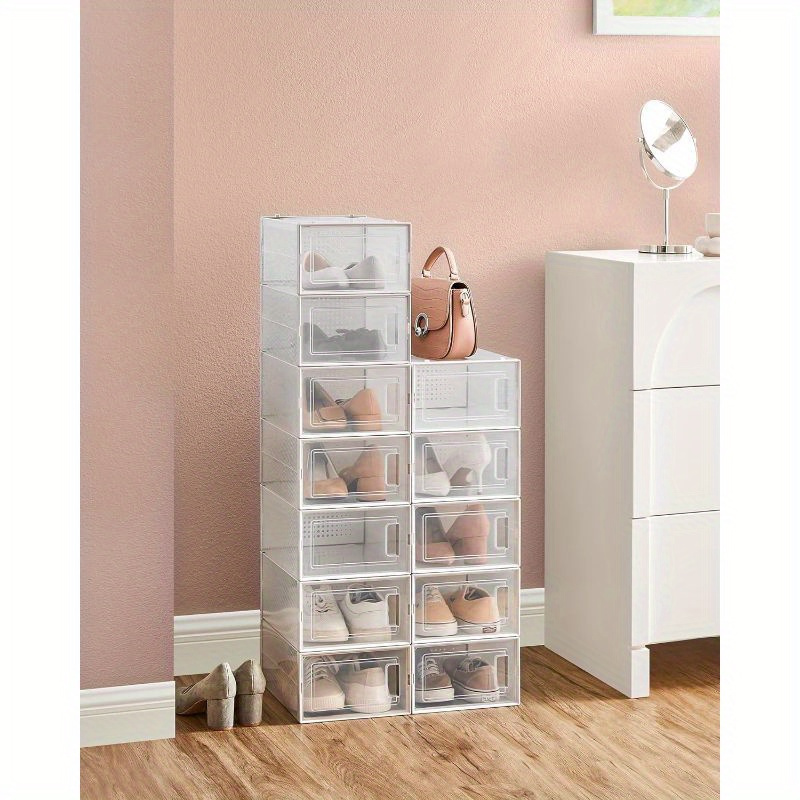 shoe boxes   in packs of 2 3 4 5 6 10 are transparent plastic storage containers that   stacked   clear plastic shoe boxes are suitable for closets and athletic shoes featuring a white frame details 4