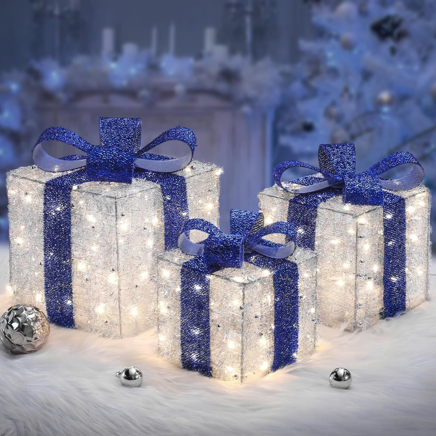 TEMU 1pc Quntis Christmas Decorations Hot Pink/ Blue/ Silvery, Christmas Lighted Gift Boxes 140 Leds Light Up Christmas Decor, 8 & Timer Function